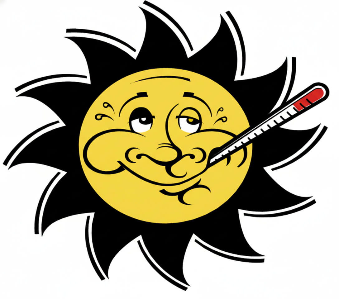 Sun with thermometer, looking unwell.